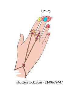Vector abstract fashion illustration of a female hand with jewelry. Manicure. Beauty saloon