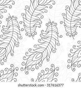 Vector abstract feather seamless pattern. Cute black and white cartoon print.