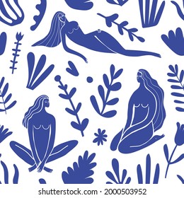 Vector Abstract Feminine, Women Figures Illustration Seamless Pattern. Matisse Inspired Blue Nature Background. Sitting And Laying Women With Long Hair Among Plants And Flowers