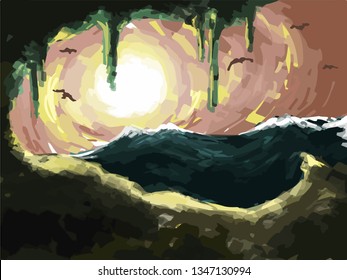 Vector abstract fictional landscape with sun and flying creatures