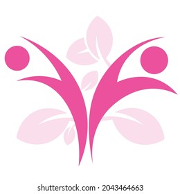 Vector abstract fit woman icon,  Healthy woman life logo template vector design icon illustration, one person abstract in pink color, light pink leaves.