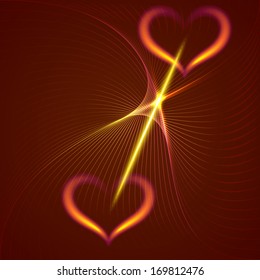 Vector abstract flame hearts and beams dark red holiday background