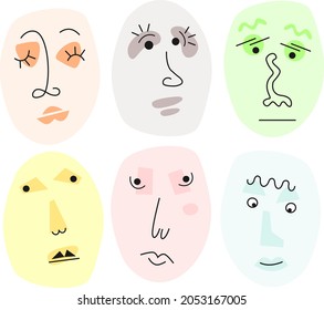 Arte plano abstracto vectorial divertido 
se enfrenta a la gente. Ojos, boca, nariz. Acercamiento. Emoji. Imaginación. Patrón de plantilla de diseño de fantasía. Impresión de imagen Eps para textiles, etiquetas, camisetas, afiches, marca