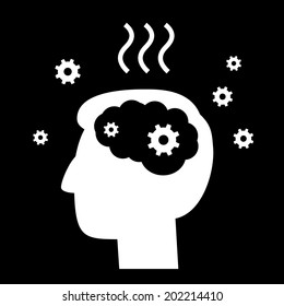 vector abstract flat design burnout icon head break gears inside brain | white pictogram separated on black background