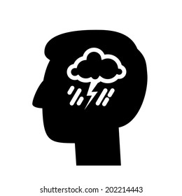 vector abstract flat design depression icon head with storm and rain inside brain | blackpictogram separated on white background