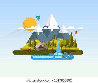 Vector Abstract Flat Design Landscape with Wild Camp.