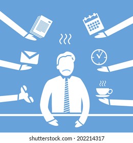 vector abstract flat design stressed and depressed businessman in his office icon white separated on blue background