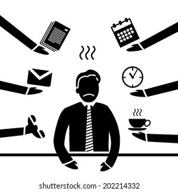vector abstract flat design stressed and depressed businessman in his office icon black separated on white background