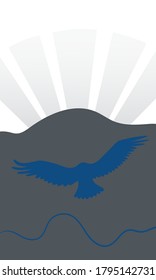 Ilustración plana abstracta vectorial con silueta de águila azul y fondo con vigas de sol. Imagen gris, azul y blanco. Diseño de fondo frío para afiches.