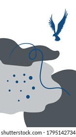 Vector abstract flat illustration with blue eagle silhouette and dots. Gray and blue and white picture. Cool background design for posters.