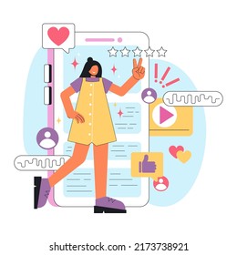 Vector abstract flat illustration. Girl blogger in social networks. Likes, comments, promotion.