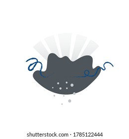 Vector abstract flat illustration with a gray shape and sun beams, blue lines. Gray and blue and white square picture. Cool centered composition in a white square.
