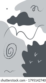 Vector abstract flat illustration with light and dark gray shapes, helices and lines. Gray and white picture. Cool background design for posters.