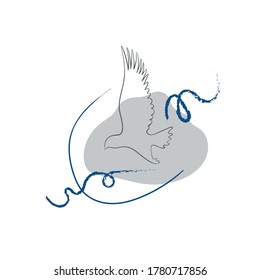 Vector abstract flat illustration with line eagle silhouette and gray shape and blue lines. Gray and blue and white square picture. Cool centered composition in a white square.