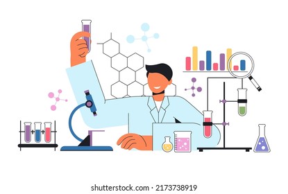 Vector abstract flat illustration. Male doctor in the laboratory conducts medical experiments. Medicine, science, chemistry.