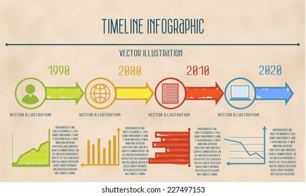 Vector abstract flat sketch Timeline Infographic with diagrams and text on vintage background. Vector 10 EPS