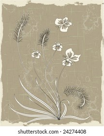 Vector abstract floral background flowers, grass and butterfly