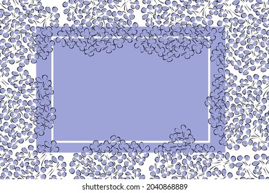 Vector. Abstract floral background in minimalistic linear style in pastel colors. Copy space for text. Frame made of hand-drawn lilac branches. Design of advertising and typographic products.
