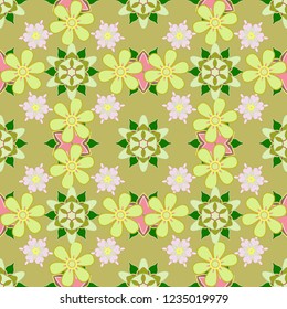 Vector abstract floral background. Seamless pattern with many small green, yellow and beige flowers. Seamless floral pattern.