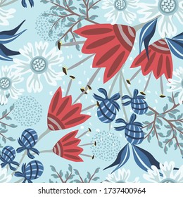 Fondo floral abstracto vectorial. Patrón sin foco con elementos dibujados a mano, flores de fantasía exótica, hojas. Textura elegante. Azul, blanco y rojo. Repetir el diseño para papeles pintados, textiles, impresos