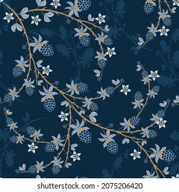 Vector abstract floral background. Seamless pattern with hand drawn elements, flowers, berries, leaves. Stylish summer texture in blue tones. Repeating design for wallpaper, packaging, textiles, print