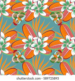 Vector abstract floral background. Seamless pattern with many small orange and green flowers. Seamless floral pattern.