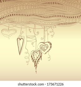 Vector abstract floral decorative background with doodle hearts. Template frame design for card with place for your text.