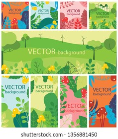 Vector abstract floral eco herbal background set with spring or summer leaves and flowers for banners, posters, cover design templates and wallpapers in flat design 