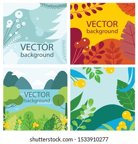 Vector abstract floral eco herbal background set with season leaves and flowers for banners, posters, cover design templates and wallpapers in flat design