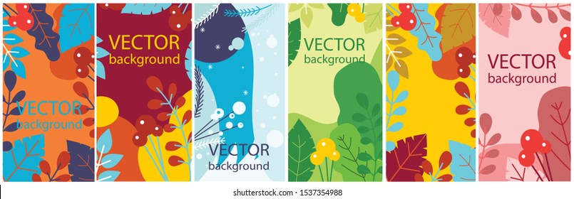 Vector abstract floral eco herbal background set with season leaves and flowers for banners, posters, cover design templates and wallpapers in flat design