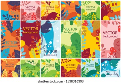 Vector abstract floral eco herbal background set with season leaves and flowers for banners, posters, cover design templates and wallpapers in flat design