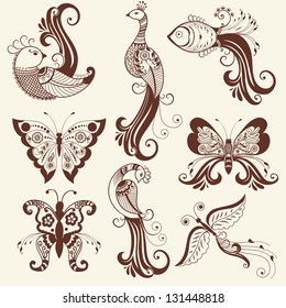 Vector Abstract Floral Elements In Indian Mehndi Style. Abstract Henna Floral Vector Illustration. Design Element.