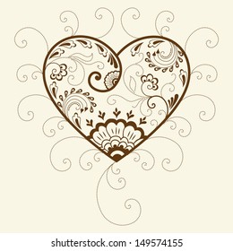 Vector abstract floral elements in indian mehndi style. Abstract henna floral vector illustration. Design element. Heart silhouette.
