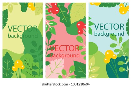 Vector abstract floral herbal background set with spring or summer leaves and flowers for banners, posters, cover design templates and wallpapers in flat design