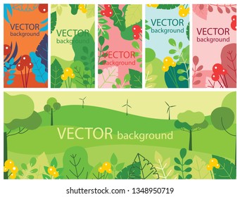 Vector abstract floral herbal background set with spring or summer leaves and flowers for banners, posters, cover design templates and wallpapers in flat design