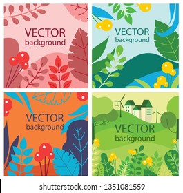 Vector abstract floral herbal background set with spring or summer leaves and flowers for banners, posters, cover design templates and wallpapers in flat design