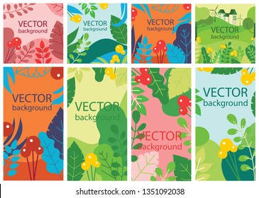 Vector abstract floral herbal background set with spring or summer leaves and flowers for banners, posters, cover design templates and wallpapers in flat design