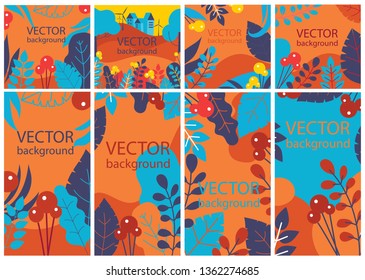Vector abstract floral herbal background set with spring or summer leaves and flowers for banners, posters, cover design templates and wallpapers in flat design