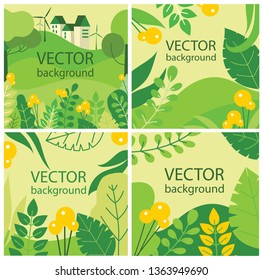 Vector abstract floral herbal background set with spring or summer leaves and flowers for banners, posters, cover design templates and wallpapers in flat design