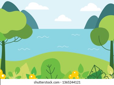 Vector abstract floral herbal background with spring or summer leaves, lake and flowers for banners, posters, cover design templates and wallpapers in flat design