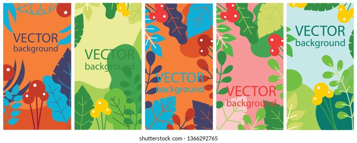 Vector abstract floral herbal background set with spring or summer leaves and flowers for banners, posters, cover design templates and wallpapers in flat design 