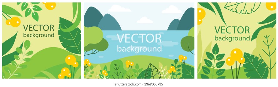 Vector abstract floral herbal background set with spring or summer leaves and flowers for banners, posters, cover design templates and wallpapers in flat design