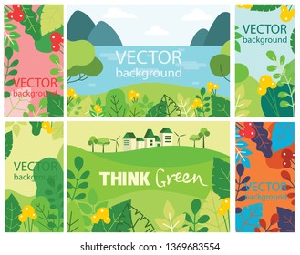 Vector abstract floral herbal background set with spring or summer leaves and flowers for banners, posters, cover design templates and wallpapers in flat design
