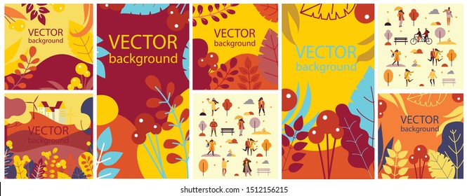 Vector abstract floral herbal background set with autumn leaves and flowers for banners, posters, cover design templates and wallpapers in flat design