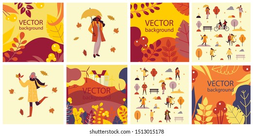 Vector abstract floral herbal background set with autumn leaves and flowers for banners, posters, cover design templates and wallpapers in flat design