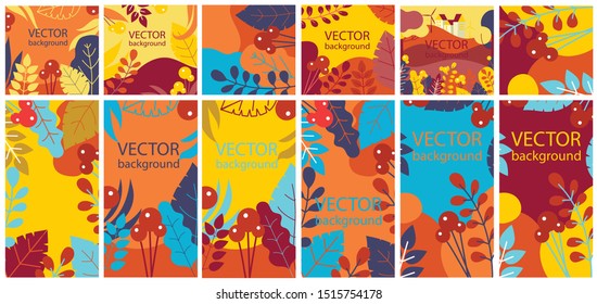 Vector abstract floral herbal background set with autumn leaves and flowers for banners, posters, cover design templates and wallpapers in flat design