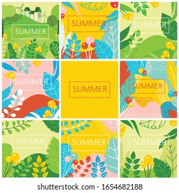 Vector abstract floral herbal backgrounds with spring or summer leaves and flowers for banners, posters, cover design templates and wallpapers in flat design