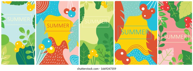 Vector abstract floral herbal backgrounds with spring or summer leaves and flowers for banners, posters, cover design templates and wallpapers in flat design