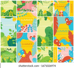 Abstrakte florale Kräuterhintergründe der Vektorillustration mit Frühlings- oder Sommerblättern und Blumen für Banner, Poster, Cover-Design-Vorlagen und Tapeten in flachem Design