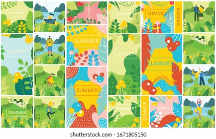 Vector abstract floral herbal backgrounds with spring or summer leaves and flowers for banners, posters, cover design templates and wallpapers in flat design